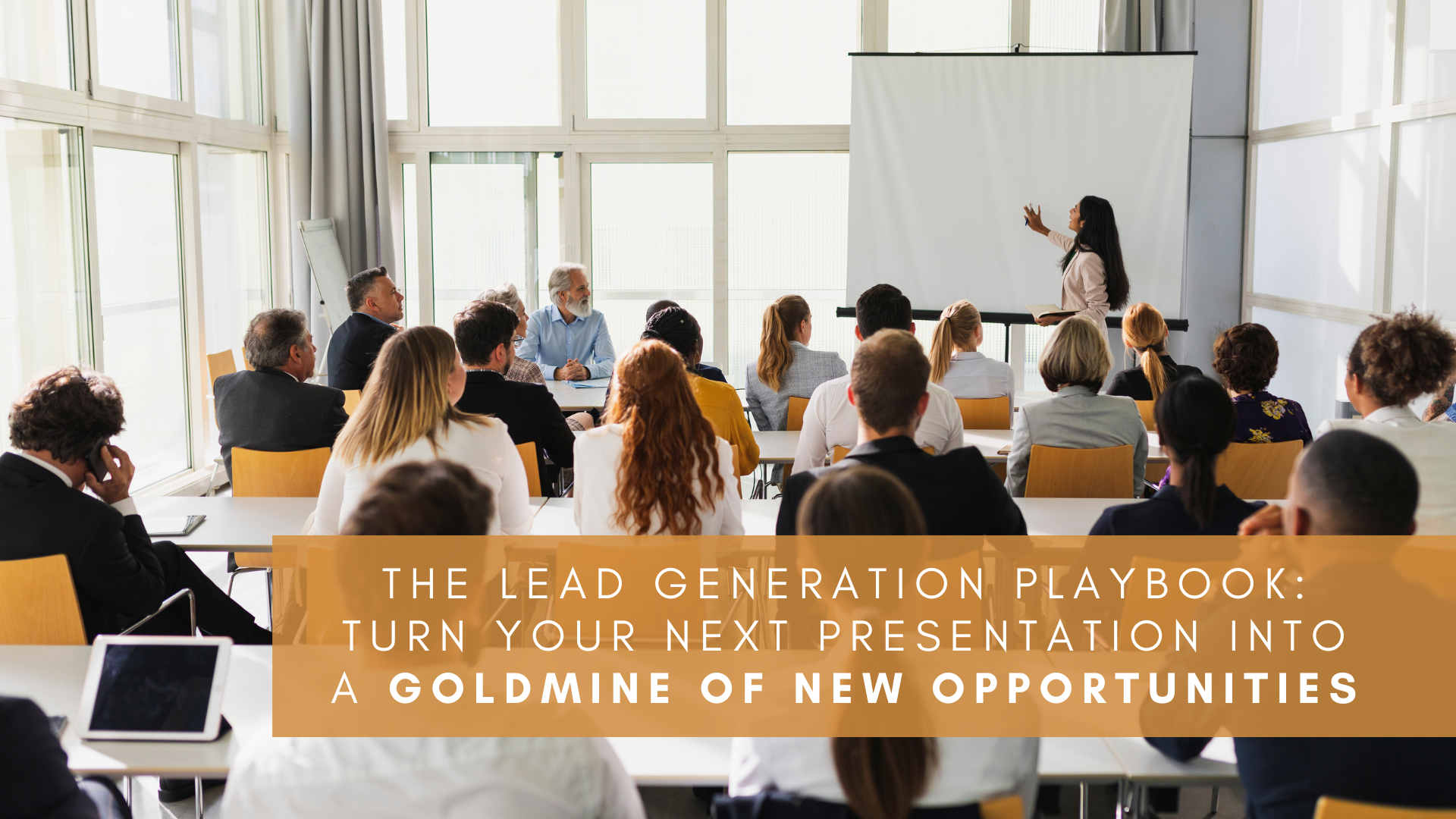 a photo of someone giving a presentation to a group of business professionals. the title of the article is on the graphic.